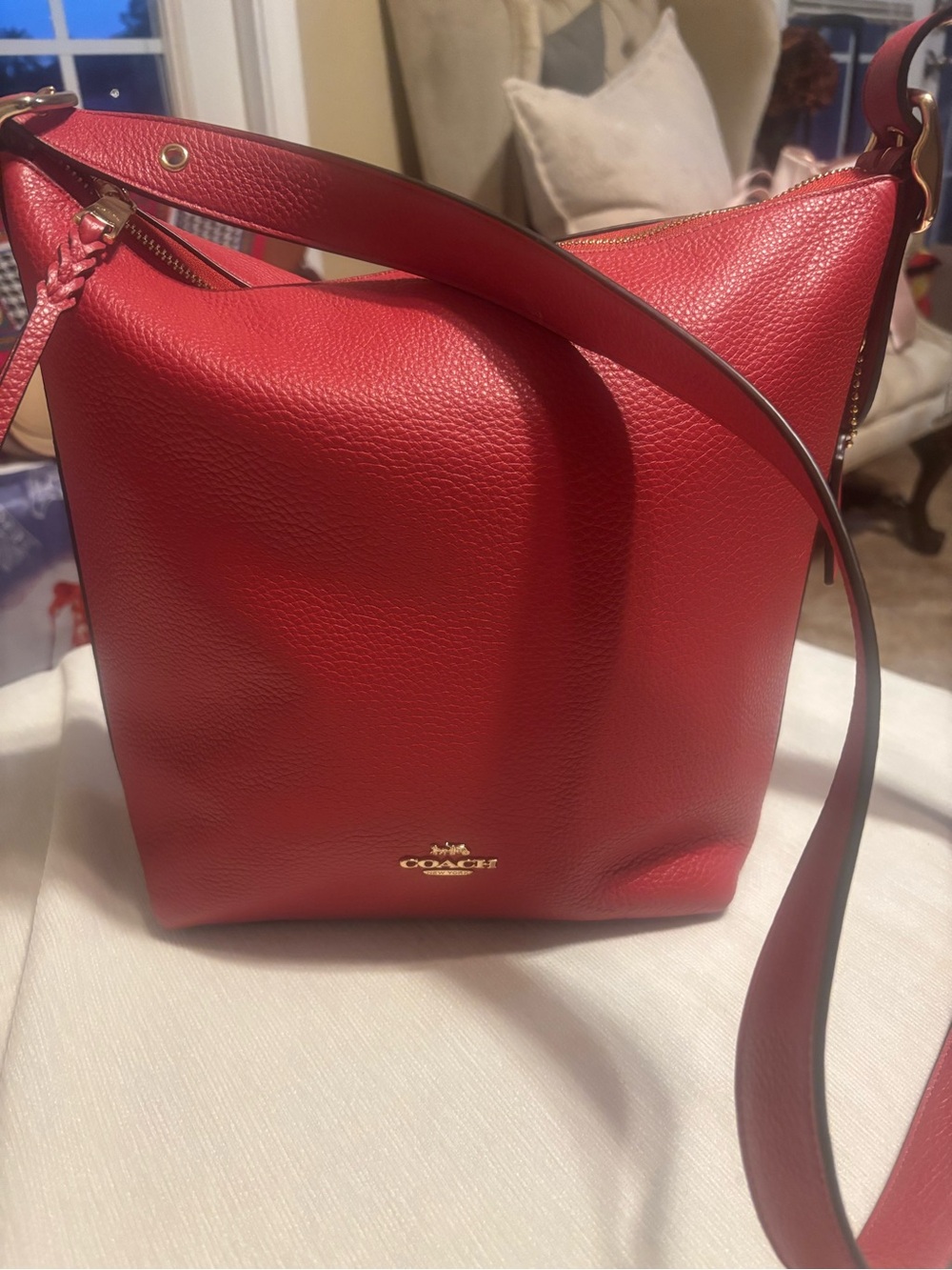 Coach Red Pebbled Leather Shoulder Hobo with Gold Hardware